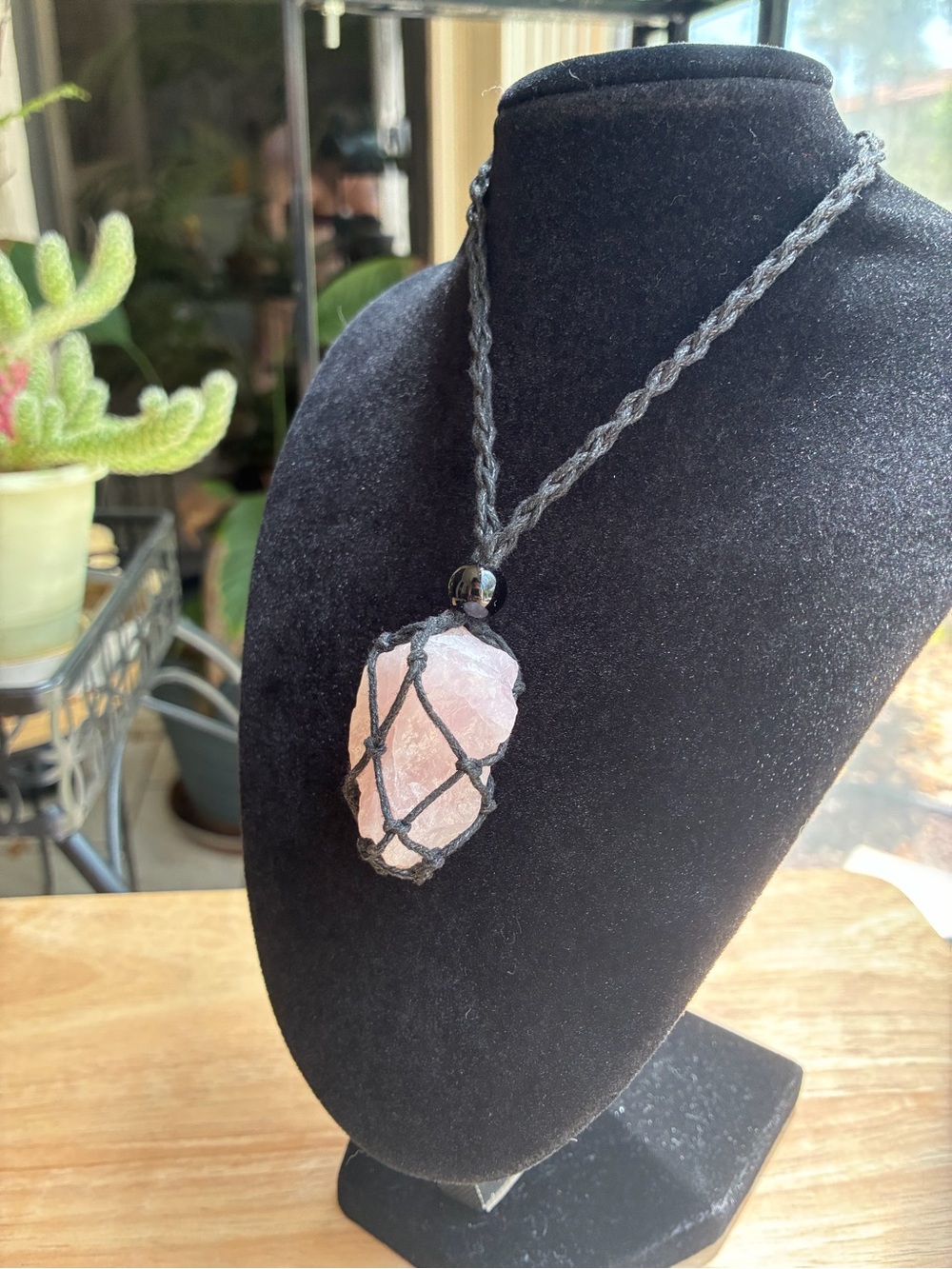 Raw Rose Quartz Macrame Crystal Necklace | Handcrafted Healing Stone Pendant - Picture 9 of 10
